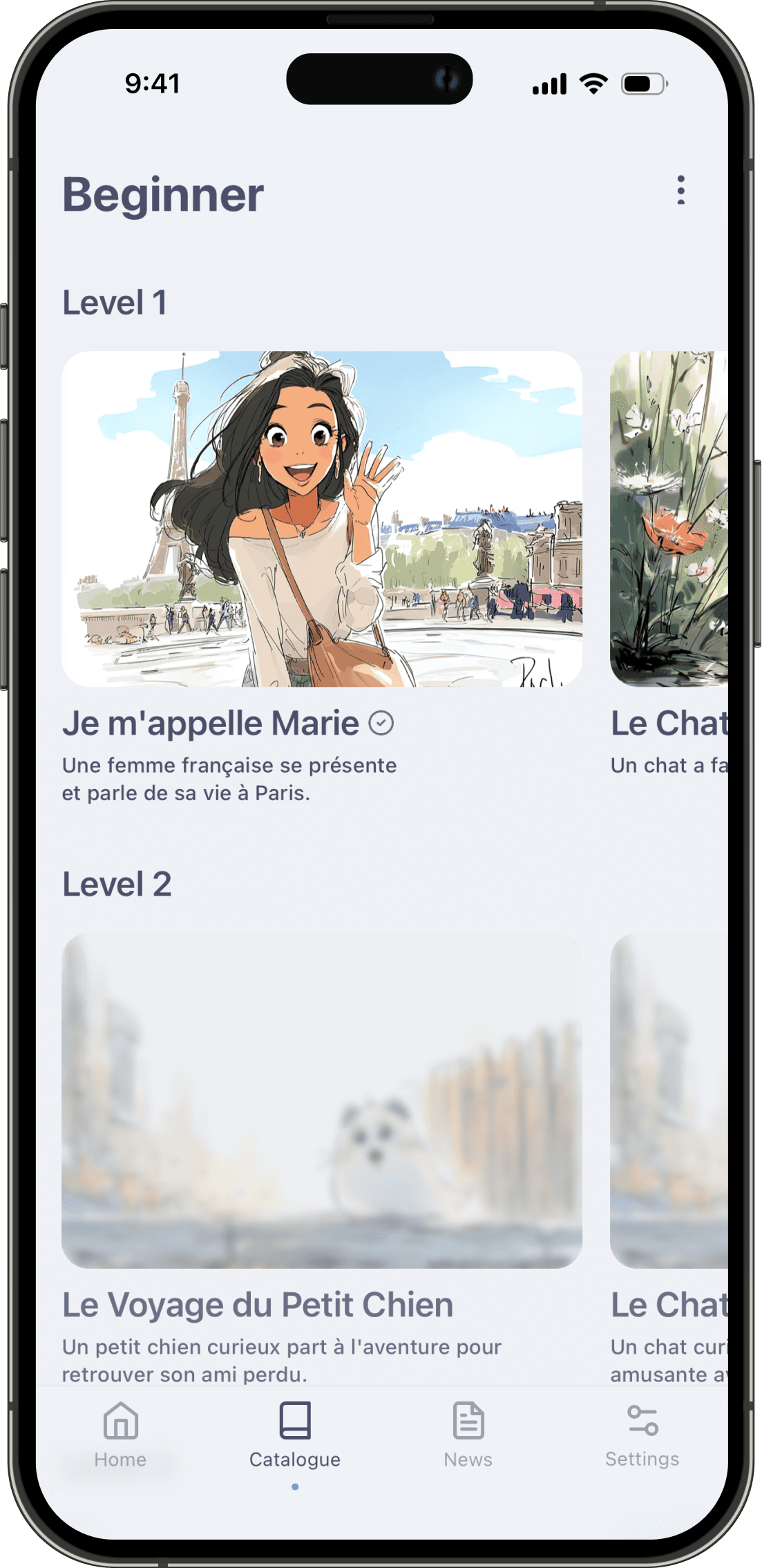 Screenshot displaying French stories organized by difficulty levels from beginner to advanced