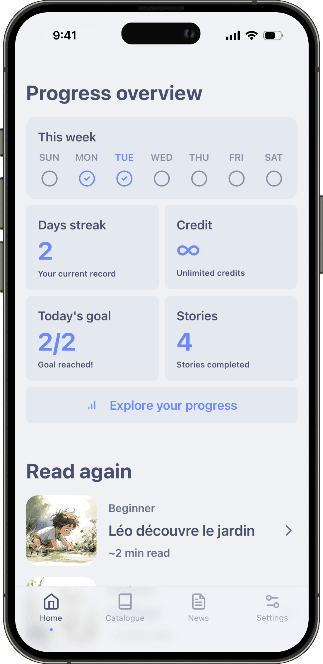 Screenshot showing Doku's daily streak counter and reading goals to maintain consistent French practice